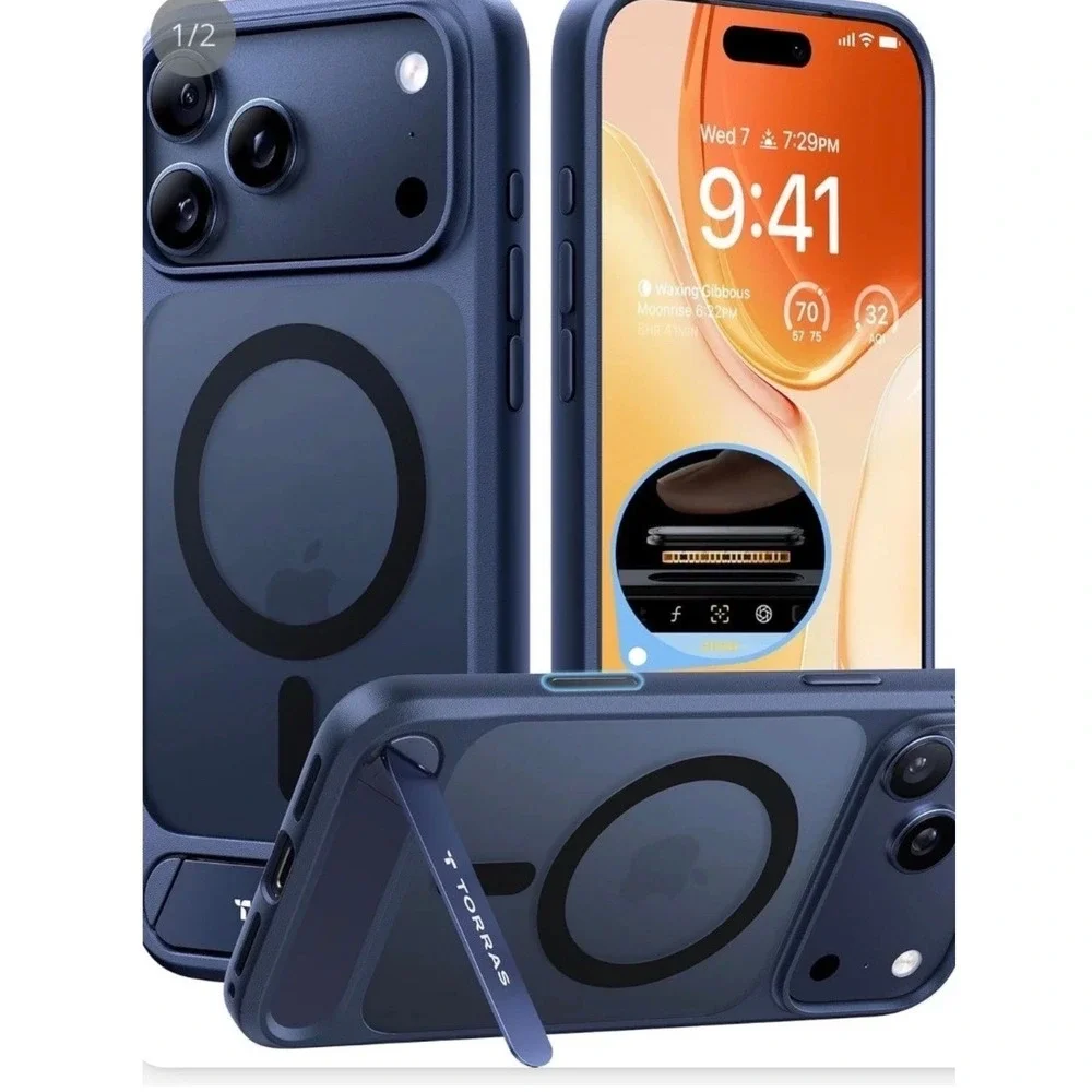 TORRAS Ostand iPhone 17 Pro Case MagSafe Kickstand Deep Blue Military Grade‎
